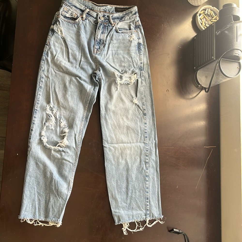 Allsaints high waisted distressed light wash blue jeans